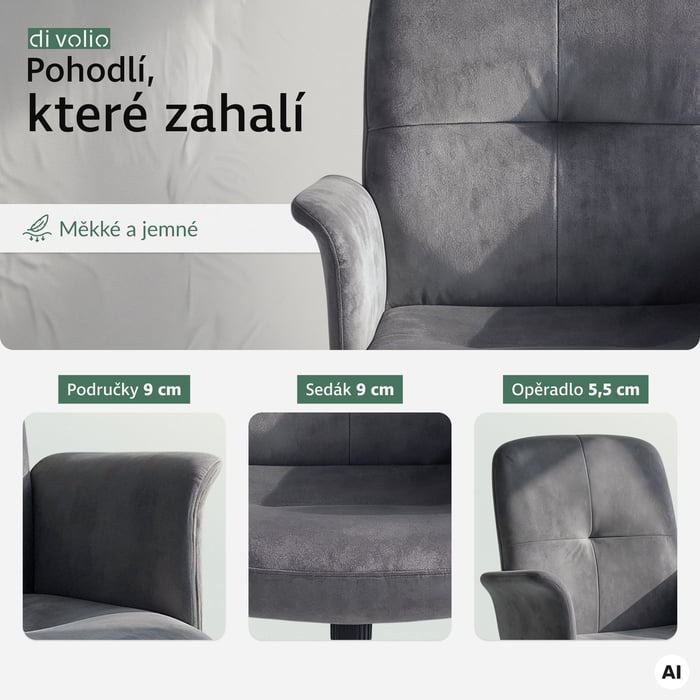 Všimněte si na dotek příjemného, tmavě šedého veluru, který dodává interiéru elegantní a klidný charakter. 
