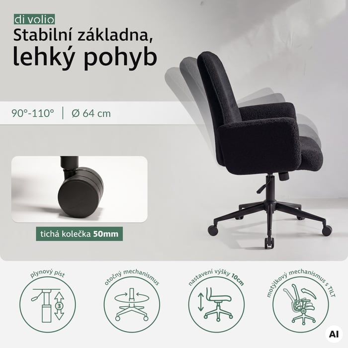 Kovová základna v černém matu o průměru 320 mm zajišťuje stabilitu při každodenní práci. 