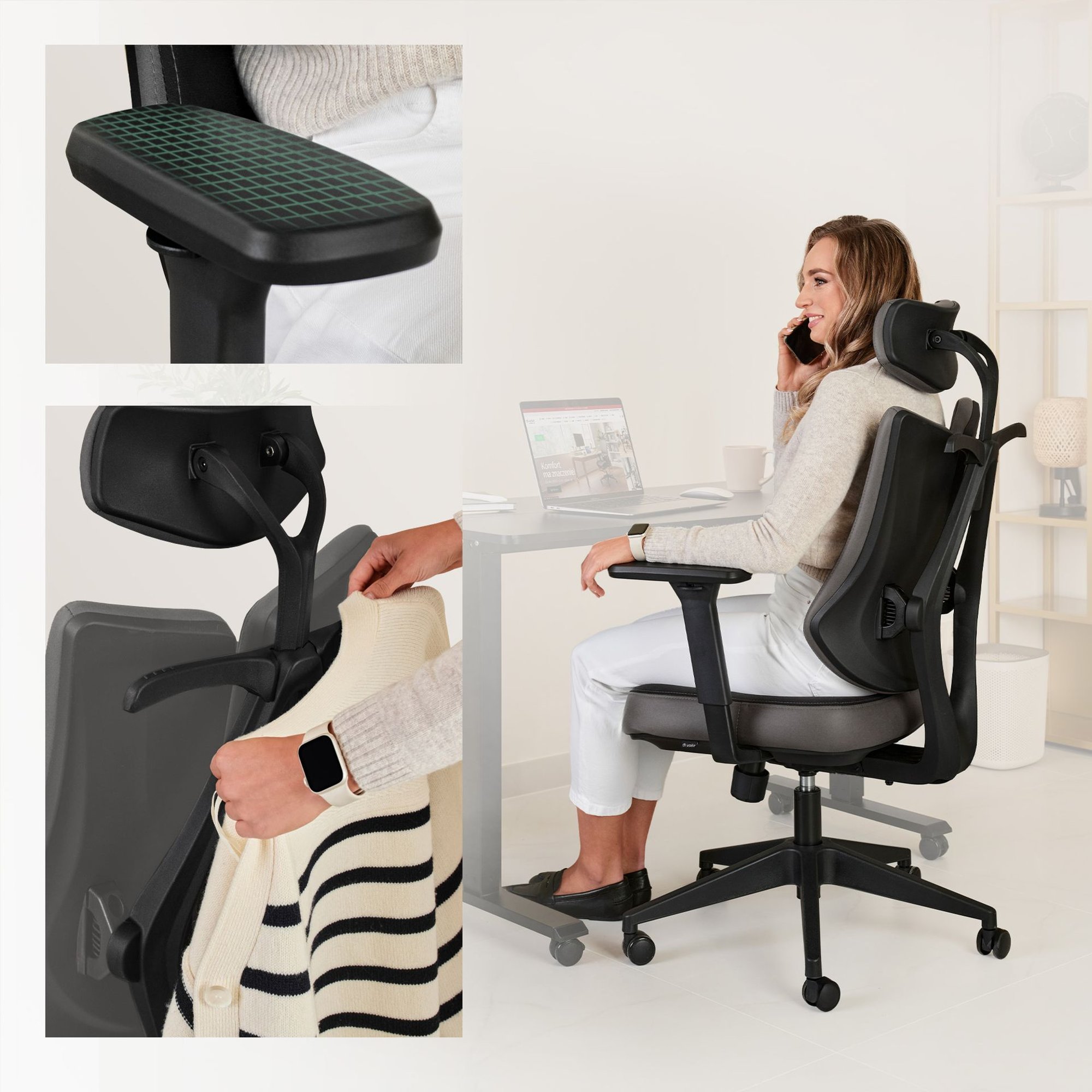 Otočná židle Loano stojí na pevném černém nylonovém kříži o průměru 35 cm