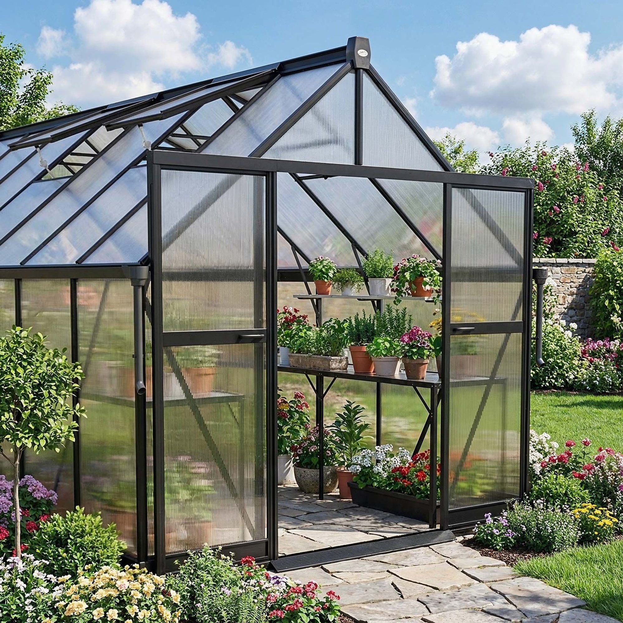 Zahradní tunel z polykarbonátu DV-157GG stojí na lehkém, ale odolném hliníkovém rámu.