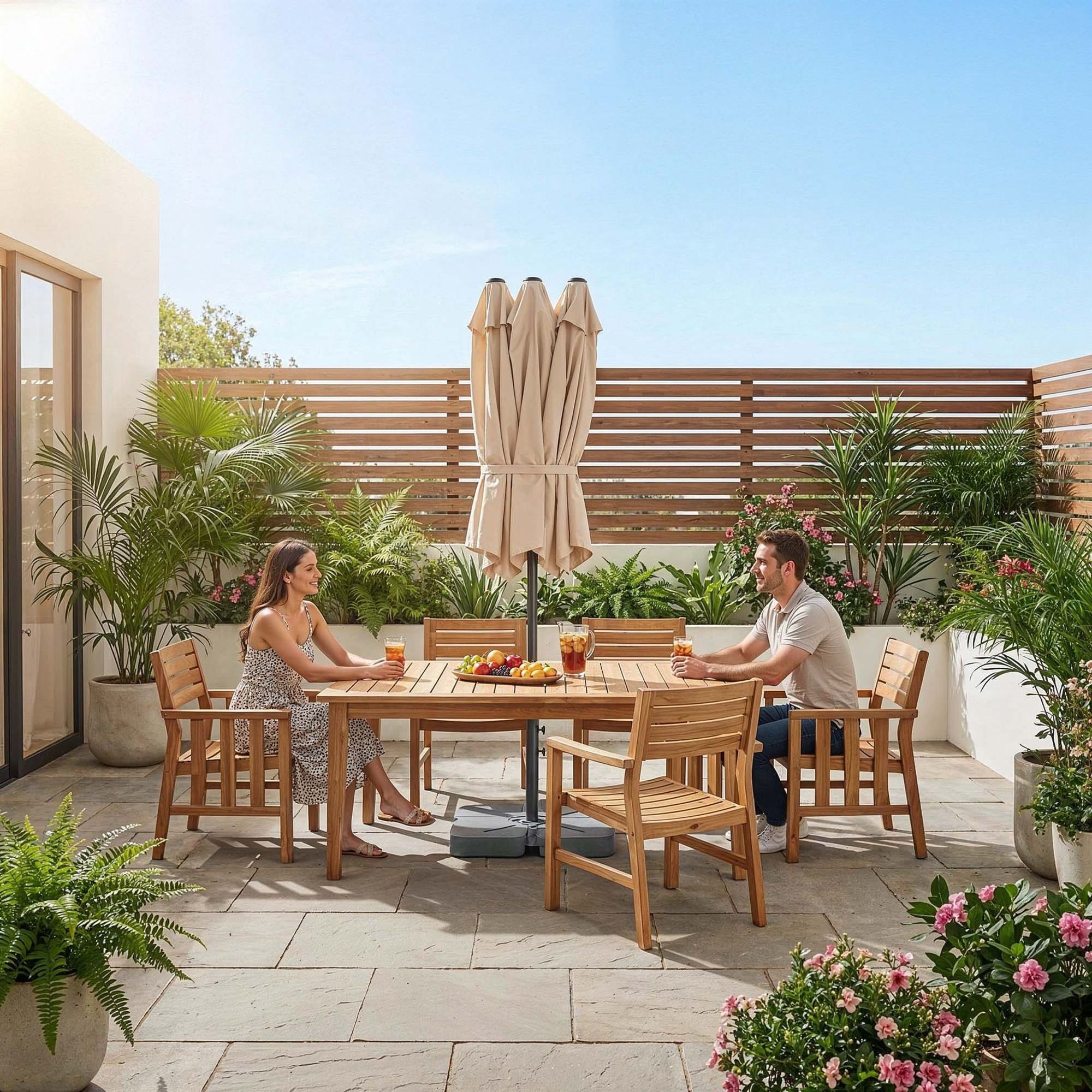 Střecha slunečníku je vyrobena z voděodolného polyesteru o gramáži 180 g/m².