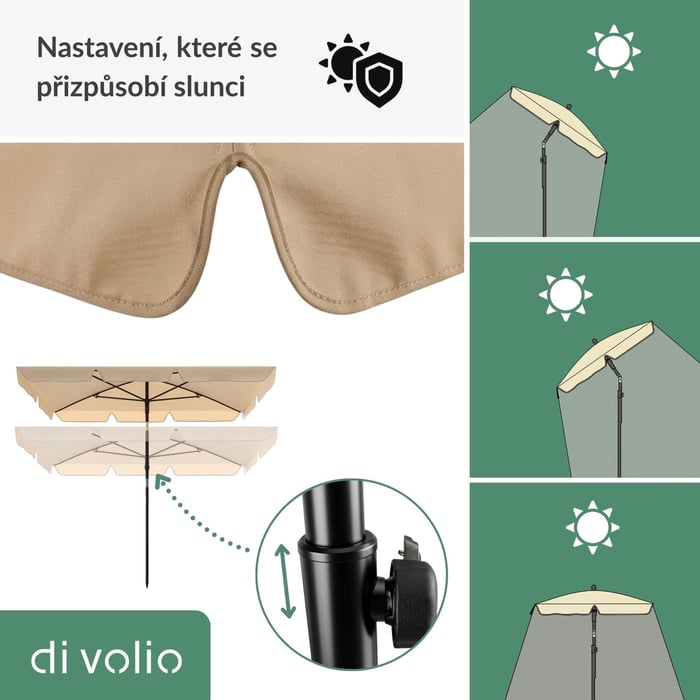 Stříška z voděodolného polyesteru chrání před sluncem i lehkým deštěm.