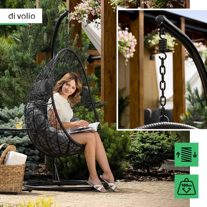 Konstrukce závěsného křesla je dobře vyvážená a pevná, a proto bezpečná.