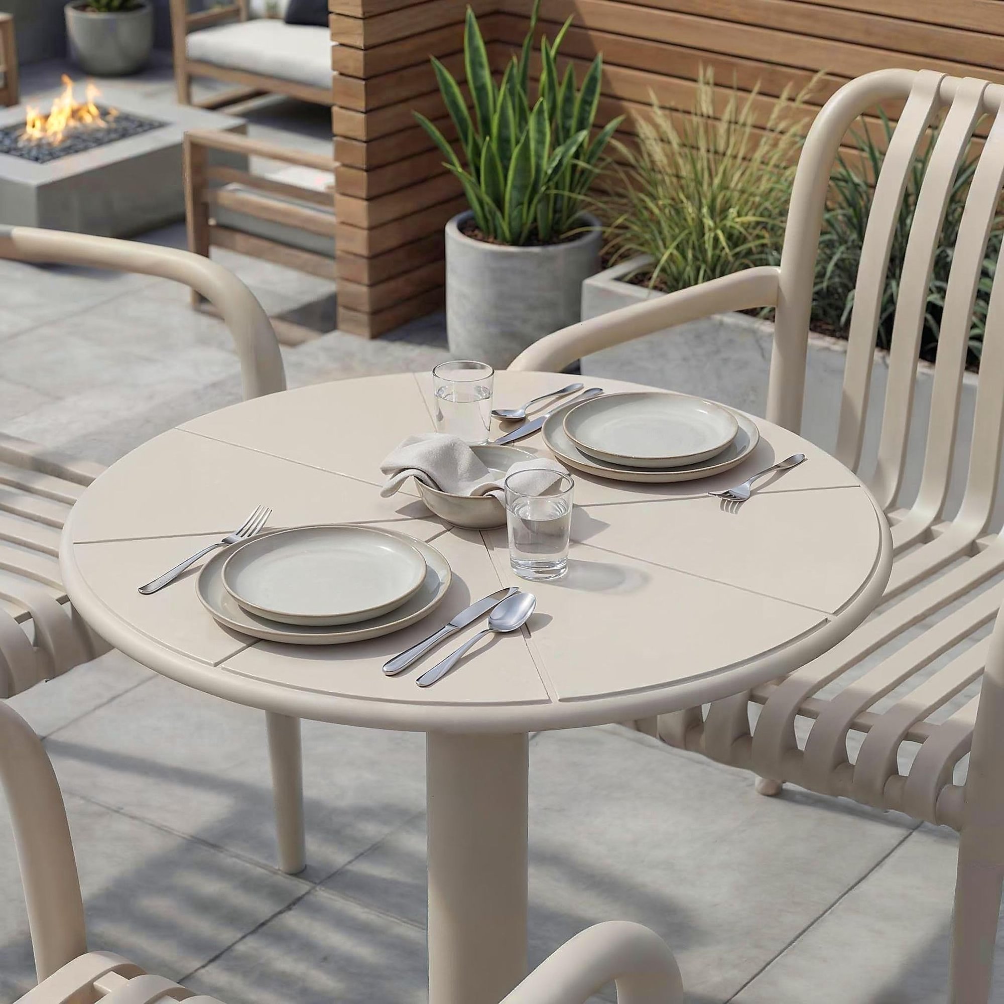 Zahradní konferenční stolek Dego stojí na pevné centrální noze zakončené tříramenným podstavcem. 