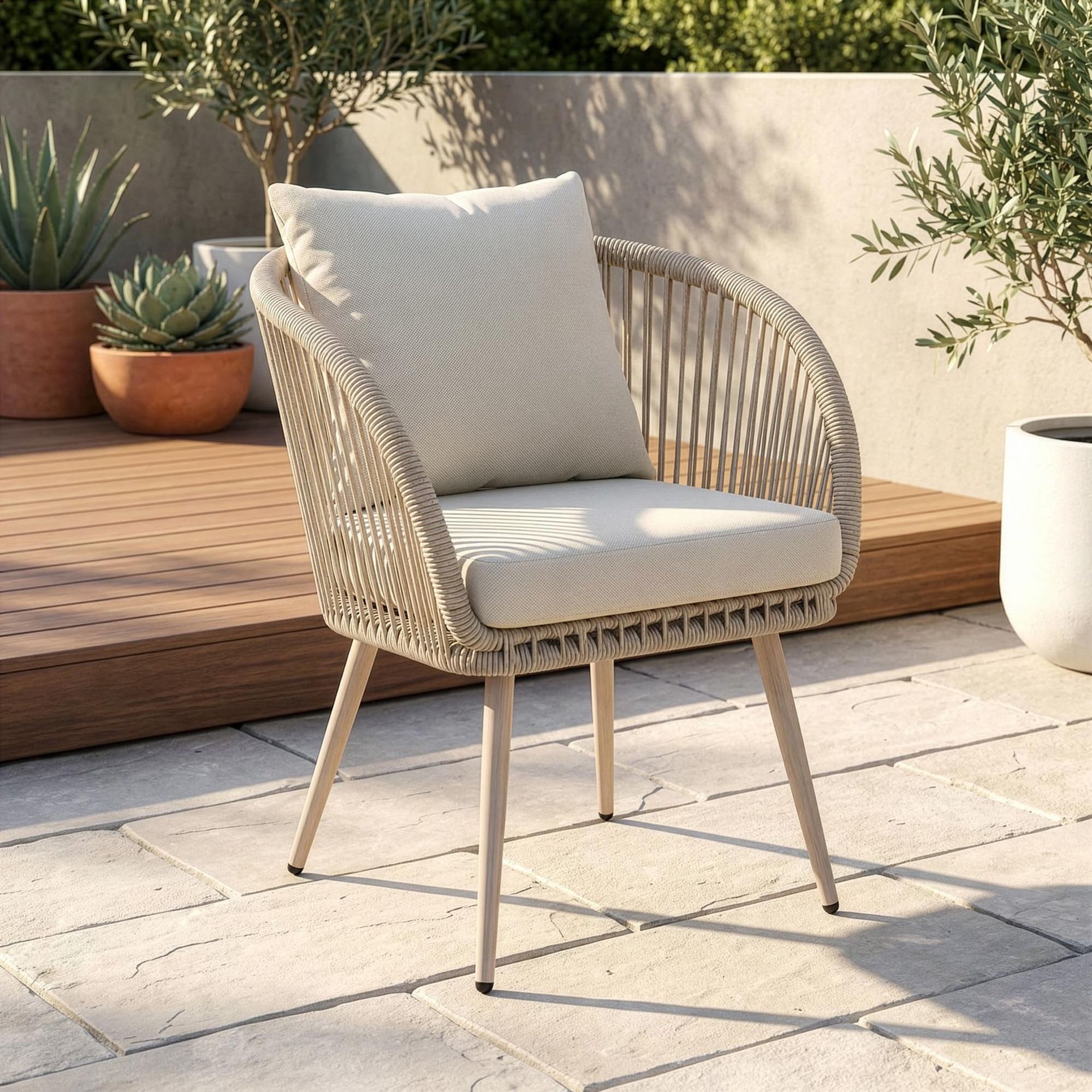 Součástí setu jsou čtyři pohodlná zahradní křesla v moderním, skořepinovém tvaru.