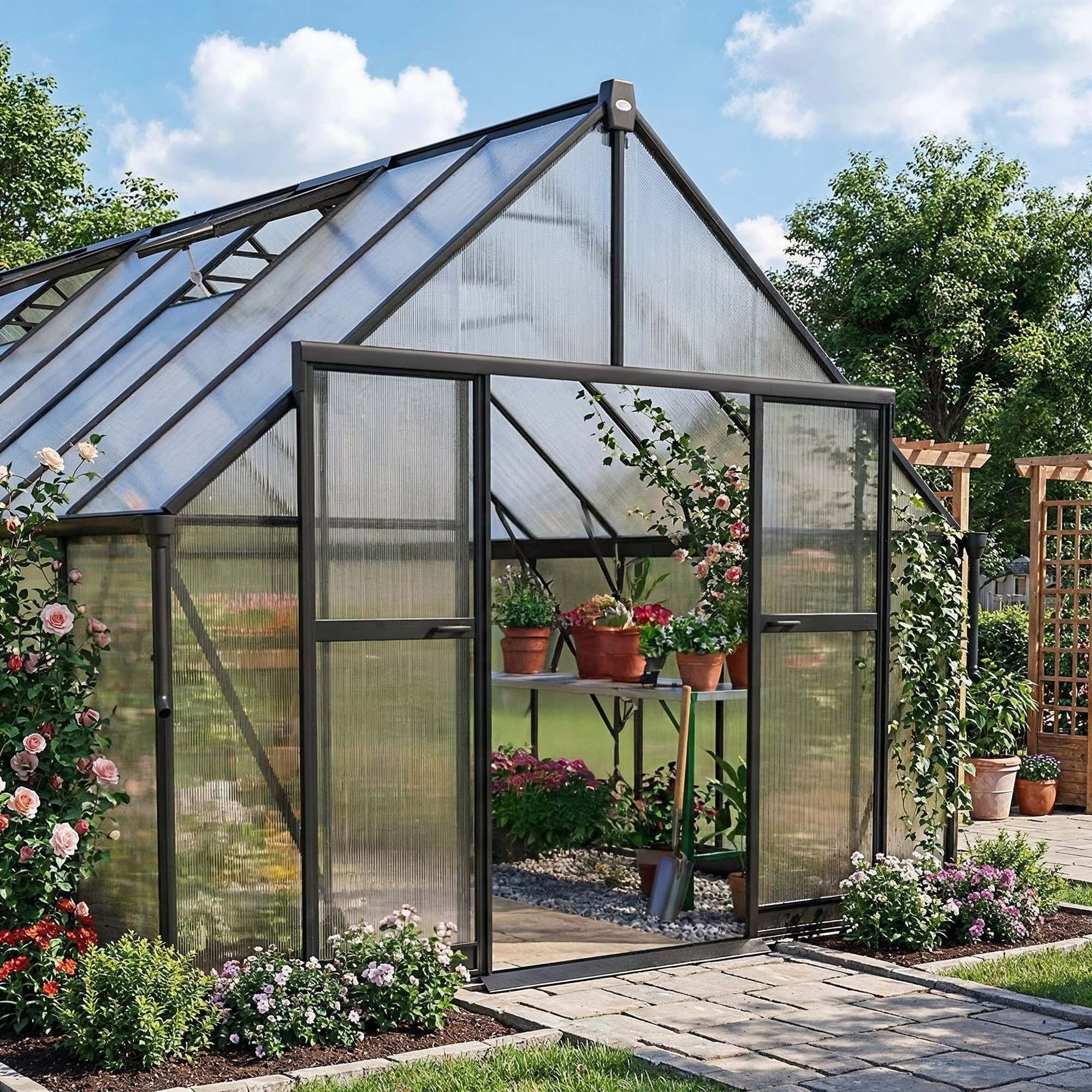 Zahradní skleník DV-158GG stojí na lehkém a pevném hliníkovém rámu.