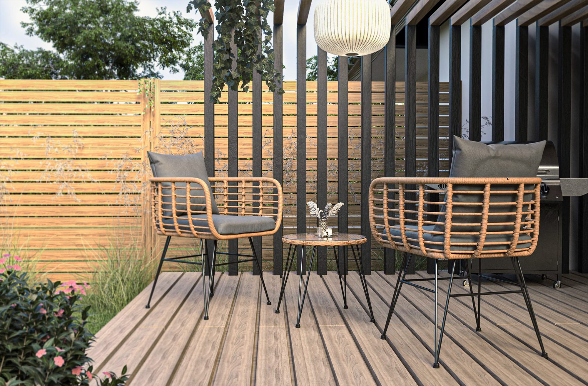 Kávový stolek, stejně jako zbytek sestavy, je založen na ocelových nohách 