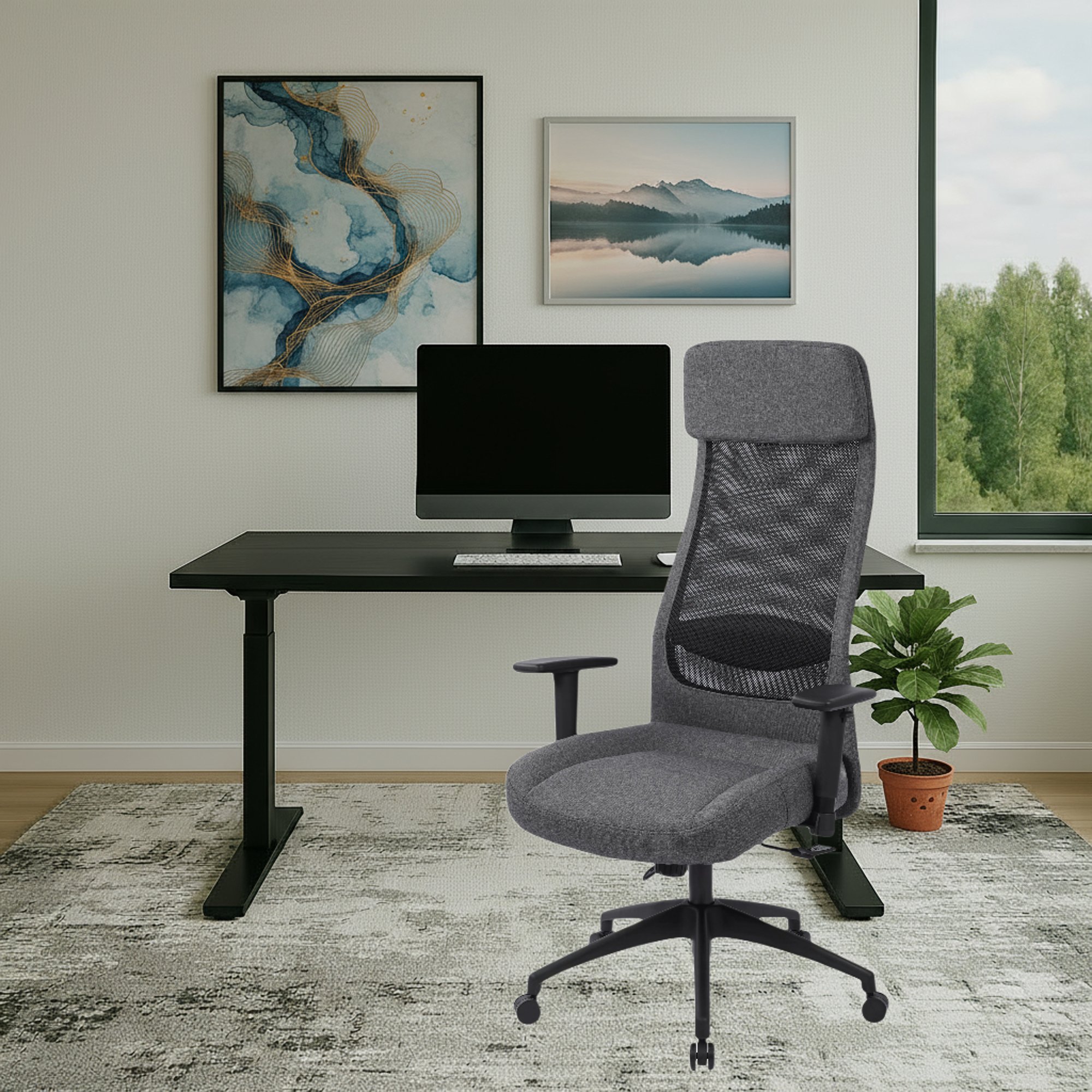 Šedá kancelářská židle Molfeta spojuje moderní design s ergonomií.