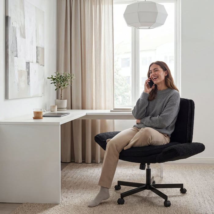 Minimalistické křeslo s měkkým sedákem působí čistě a uceleně 