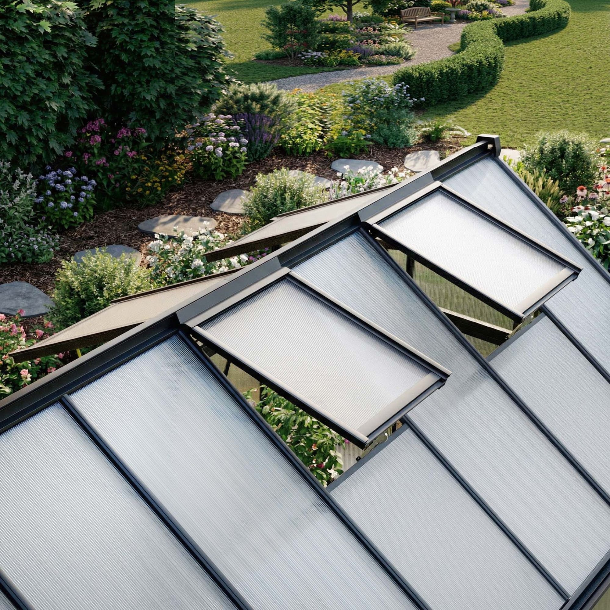 Polykarbonátový skleník DV-157GG usnadňuje každodenní práci na zahradě.