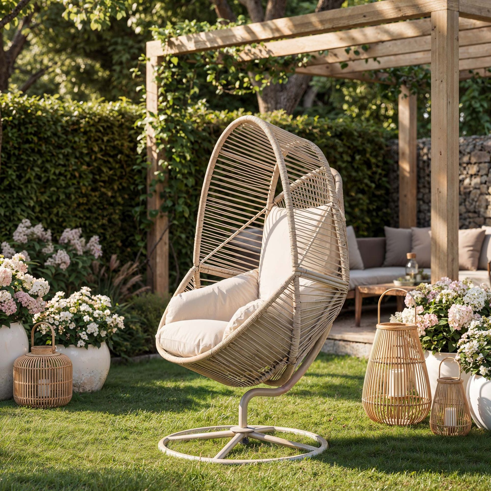 Zahradní křeslo je vyrobené z odolného PE ratanu v béžovém odstínu. 