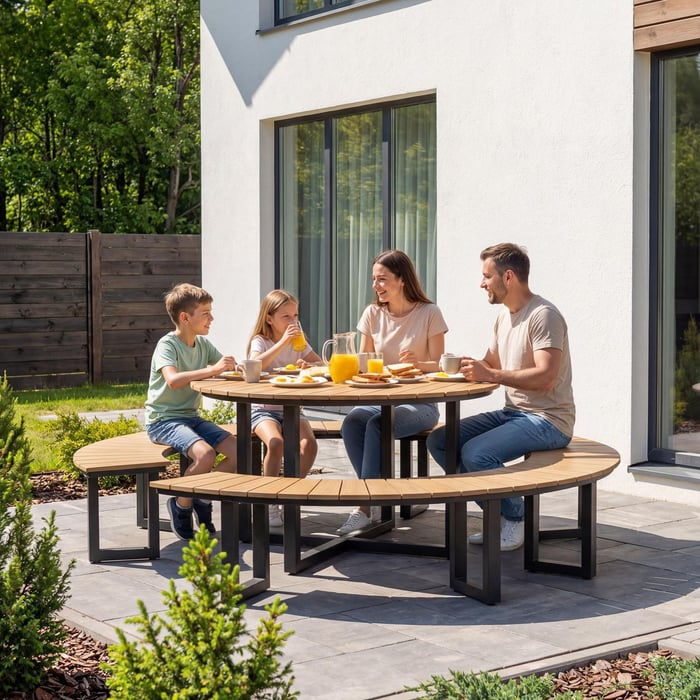 Runder Tisch und gebogene Bänke – Komfort, Ergonomie und Stabilität