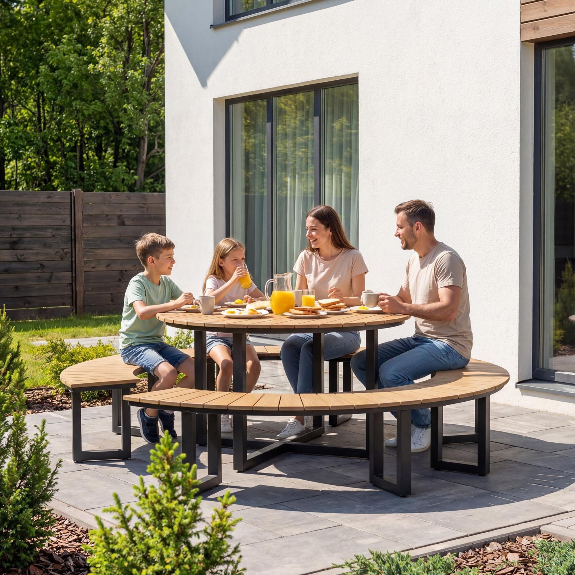 Runder Tisch und gebogene Bänke – Komfort, Ergonomie und Stabilität