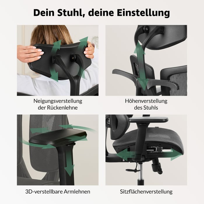 Intuitive Einstellung von Kopfstütze, Armlehnen und Sitztiefe