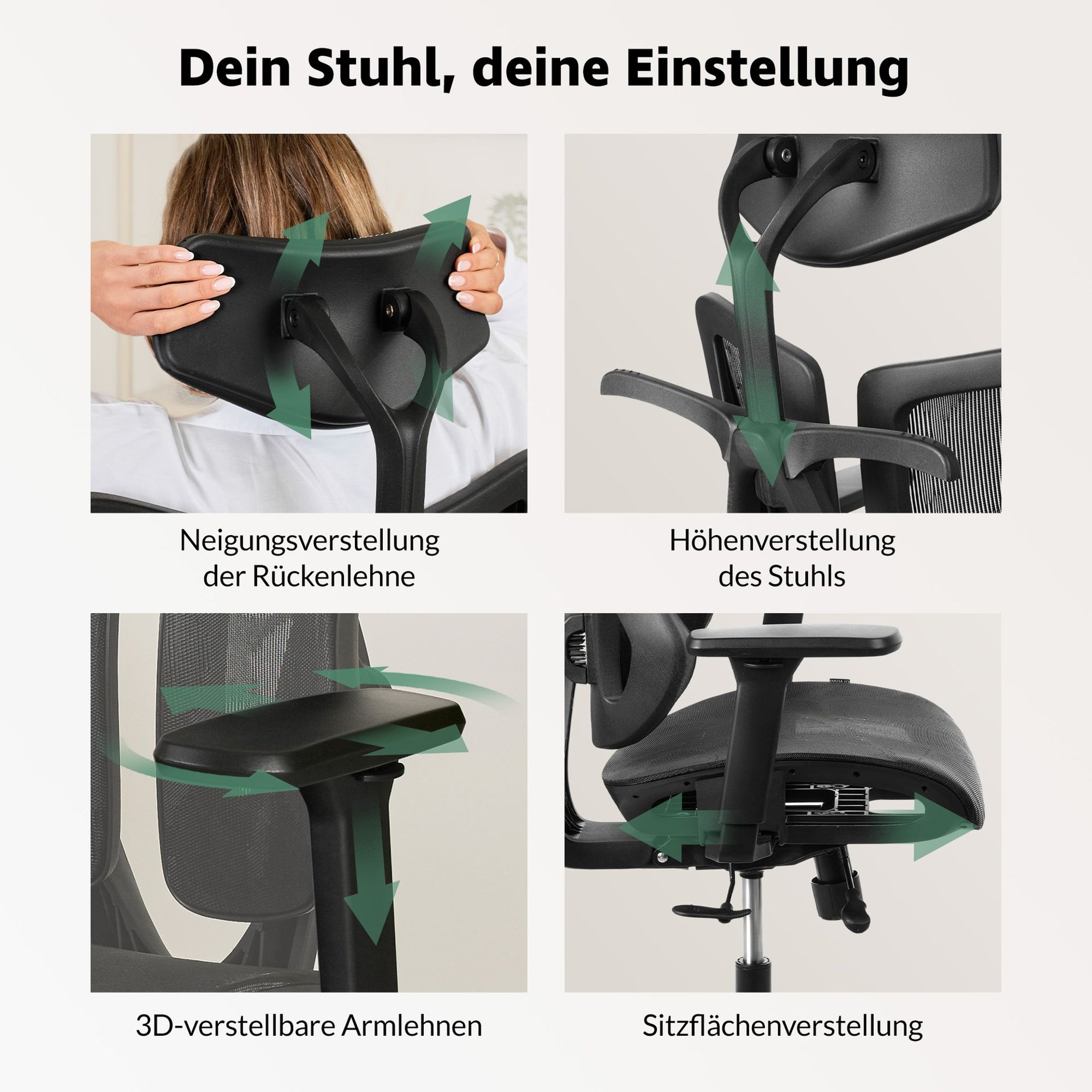 Intuitive Einstellung von Kopfstütze, Armlehnen und Sitztiefe