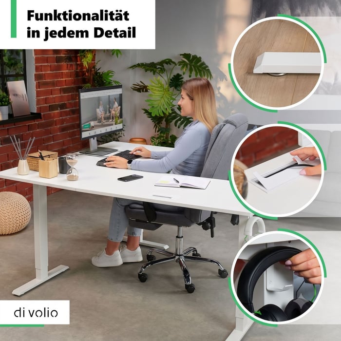 Großzügige Tischplatte mit funktionalen Details
