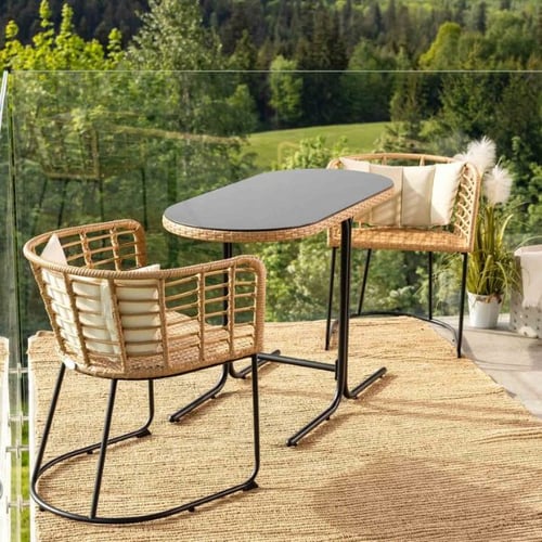 Balkon Sitzecke Ideen mit di volio Polyrattan-Stühlen und Tisch auf moderner Terrasse mit Naturblick