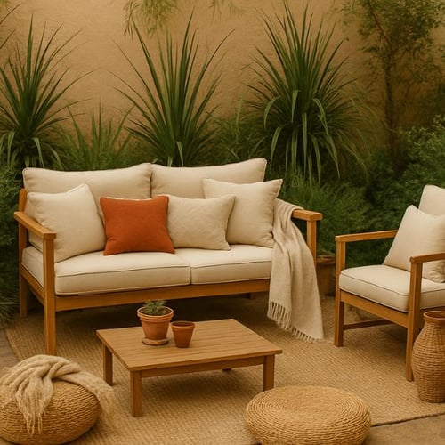 Boho Gartenlounge mit Holzsofa, Sessel und Naturdeko auf Juteteppich