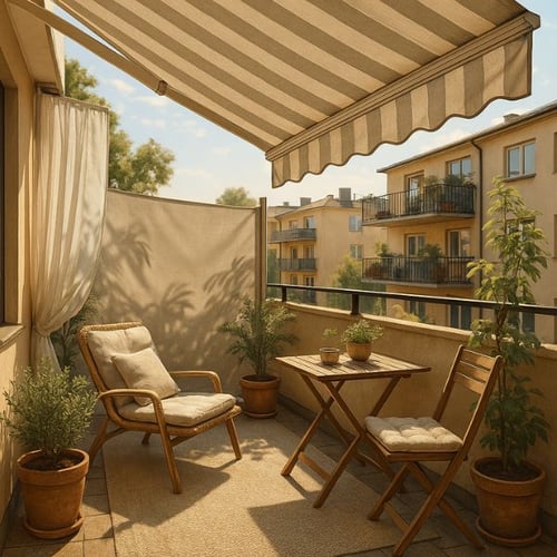 Balkon mit gestreifter Markise, Sichtschutz und gemütlicher Sitzecke aus Holz