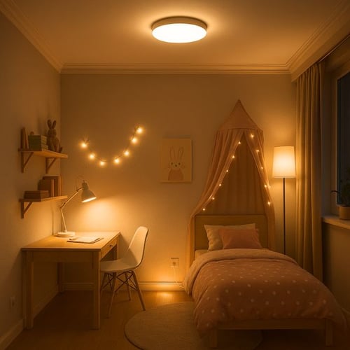 Stimmungsvolles Jugendzimmer für Mädchen mit Lichterkette und Baldachinbett