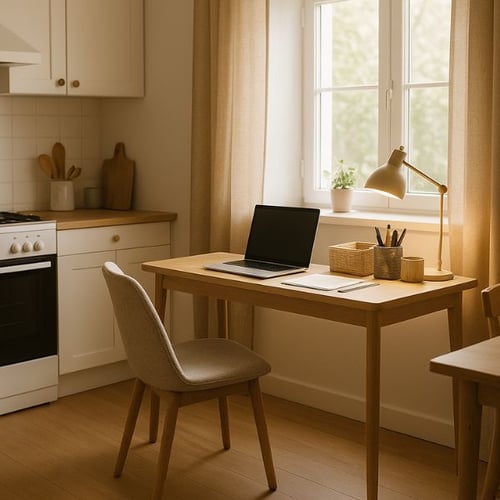 Kleines Büro in der Küche mit natürlichem Licht und Holzschreibtisch