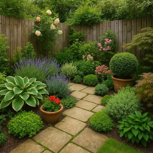 Kleiner, gepflegter Garten mit Natursteinweg, Topfpflanzen und dichter Bepflanzung