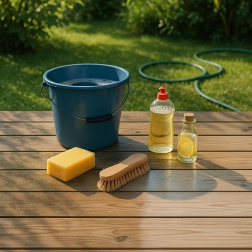 Reinigungsutensilien für Holzterrasse mit Eimer, Spülmittel, Bürste und Schwamm auf Holzdielen