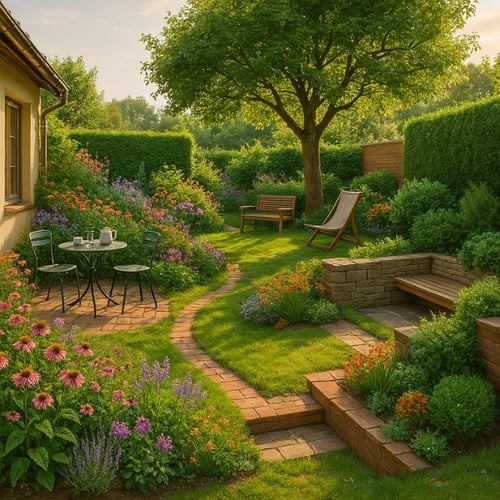 Blühender Garten mit romantischer Sitzecke und Naturwegen