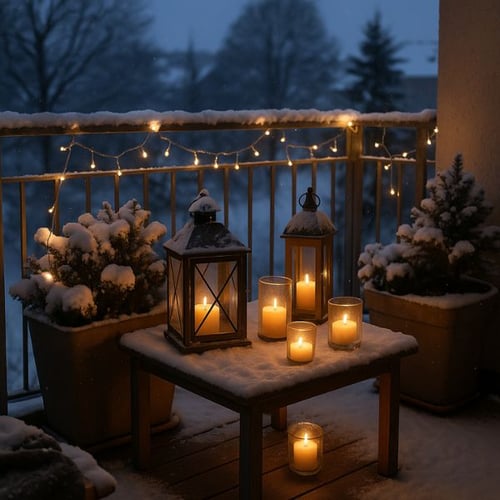 Gemütlich beleuchteter Balkon mit Kerzen, Laternen und Schnee im Winter