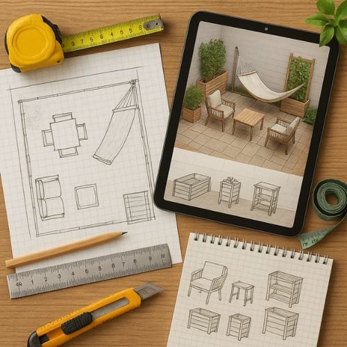 Kreative und günstige Terrassenplanung mit Skizzen und Möbeldesigns