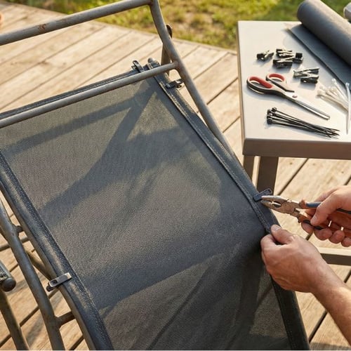 Gartenstuhl Bespannung erneuern mit Textilgewebe und Werkzeug auf Holzterrasse