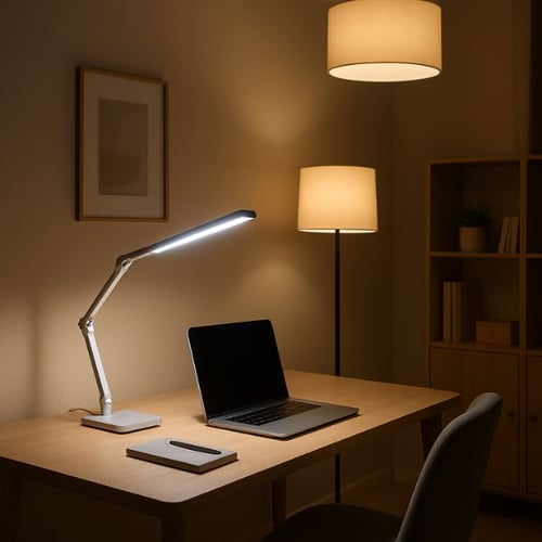 Stilvolles Heimbüro mit Schreibtisch und moderner Beleuchtung