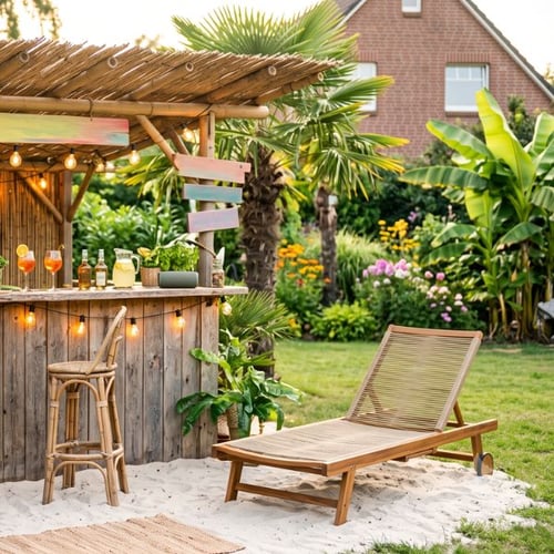 di volio Garten Bar Ideen mit Holzbar, Sonnenliege und tropischem Gartenambiente