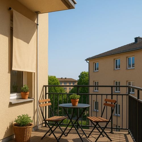 Kleiner Balkon mit Balkonrollos und zwei Holzstühlen an einem runden Tisch