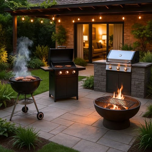 Grillplatz im Garten mit Gasgrills, Holzkohlegrill und Feuerstelle bei Abendlicht