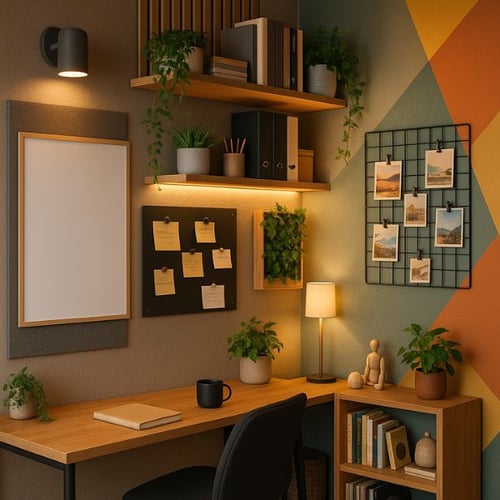 Gemütliches Homeoffice mit Holzschreibtisch, Wandregalen und Pflanzen