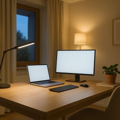 minimalistisches Home Office mit heller Beleuchtung und Holzschreibtisch