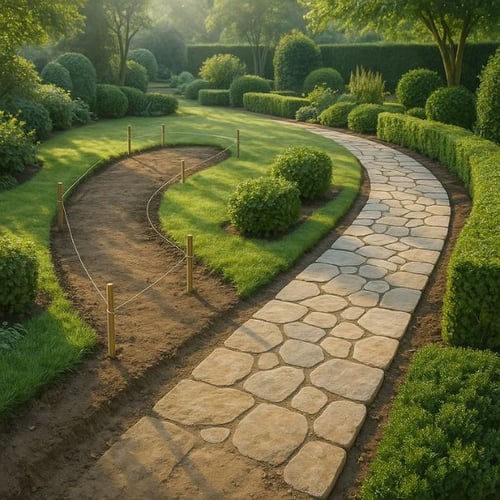 Pflasterweg im englischen Gartenstil mit Vorbereitung des Wegverlaufs auf Rasenfläche