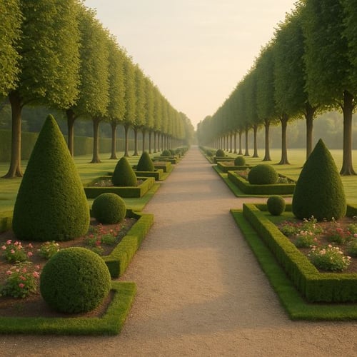 Lange Allee in einem Französischen Garten mit exakt geschnittenen Bäumen