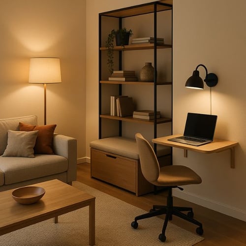 Kompakter Arbeitsplatz im Wohnzimmer mit Wandtisch und Bücherregal