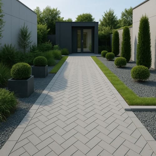 Moderner Gartenweg mit grauen Pflastersteinen im Fischgrätmuster zwischen symmetrischer Bepflanzung