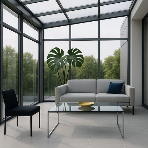 Moderner Wintergarten mit grauem Sofa, Glastisch und schwarzem Stuhl vor großer Fensterfront