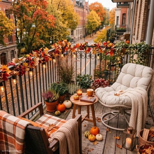 Herbstlich gestalteter Balkon mit di volio gartensessel, Kürbissen, Lichterkette und warmen Herbstfarben