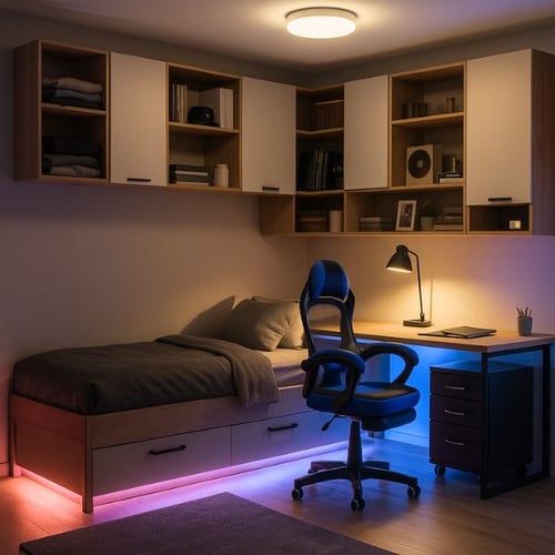 Jugendzimmer für Junge mit LED Licht, Bett mit Stauraum und Schreibtisch