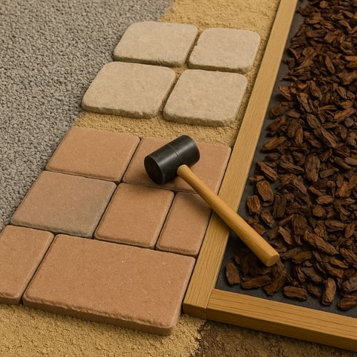 Auswahl von Belägen für Gartenweg mit Pflastersteinen, Splitt und Rindenmulch plus Gummihammer