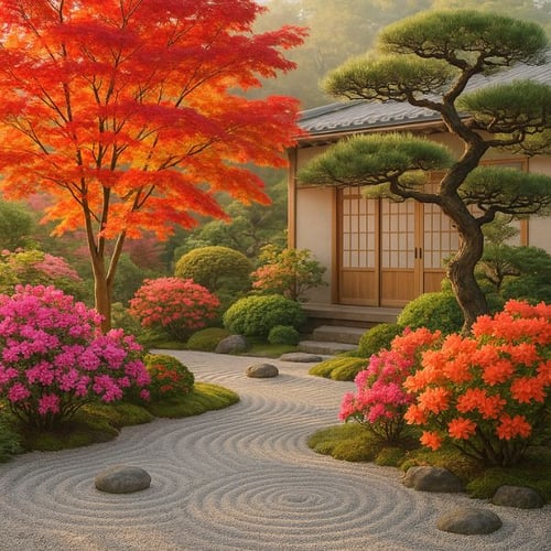 Japanischer Zen-Garten mit blühenden Azaleen, rotem Ahornbaum und traditionellen Holztüren
