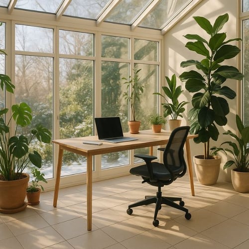 Wintergarten als Homeoffice mit Schreibtisch, Bürostuhl und vielen Zimmerpflanzen