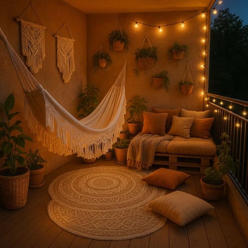 Boho-Balkon mit Hängematte von di volio, Paletten-Sofa, Pflanzen und Lichterkette bei Abendstimmung