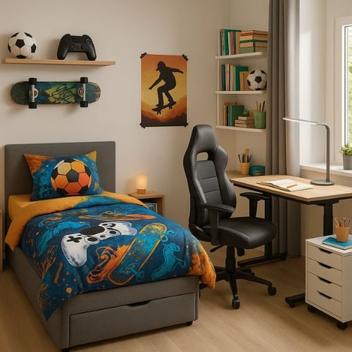 Modernes Jugendzimmer für Junge mit Fußball Deko und Gaming-Stuhl