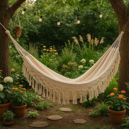  Hängematte im Boho Stil zwischen Bäumen mit Gartenbeleuchtung und Blumen